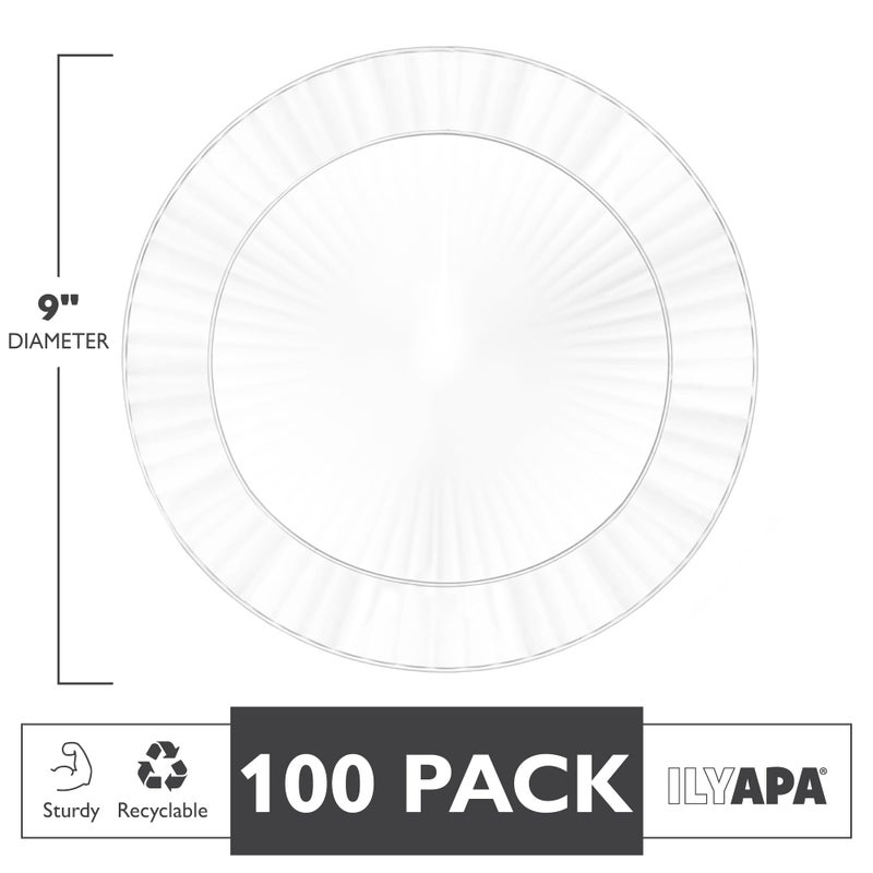 Ilyapa 100 Pack 9 Inch Disposable Dessert Plates, Plastic Clear Party Plate Sets for 100 Guests, Clear Appetizer and Cake Plates 9", Party & Dinner Accessories, Midsummer - Image 2